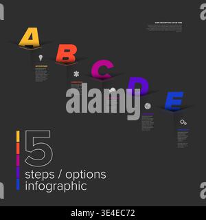 This modern 5 steps infographic features colorful letters in dark pockets. Each business infographic step includes icons and text, making this 5 steps Stock Vector