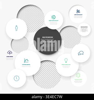 This multipurpose infographic template features clean white circles,  icons and photo placeholders. Use this infographic template to create profession Stock Vector