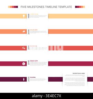Professional timeline template featuring five milestones for business planning and history. This infographic timeline template uses clean bars to disp Stock Vector