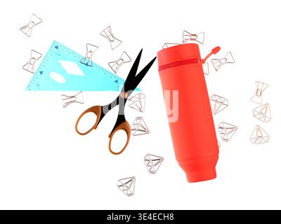 Pencil case with different school stationery on white background Stock Photo