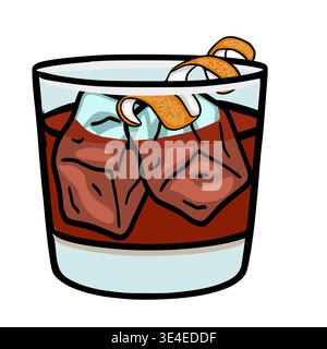 Vector illustration of a classic Negroni cocktail with ice and orange peel Stock Vector