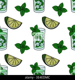 Refreshing mojito cocktail vector pattern with fresh mint leaves and lime slices, seamless background illustration Stock Vector