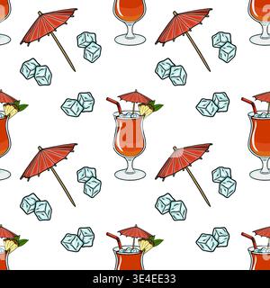 Seamless vector pattern of refreshing cocktails, ice cubes, and cocktail umbrellas, perfect for summer themes. Stock Vector
