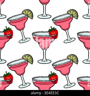 Seamless vector pattern of pink strawberry margaritas with lime and garnish Stock Vector