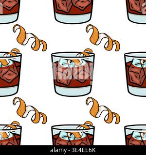 Seamless vector pattern of a classic cocktail with ice and orange peel garnish Stock Vector