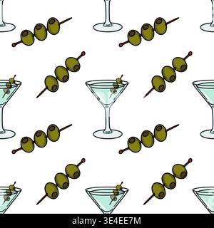 Martini cocktail vector pattern with olive skewers, seamless background illustration Stock Vector