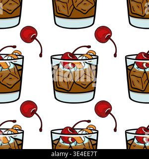 Seamless vector pattern of a classic cocktail with ice, orange peel, and cherries on a white background. Stock Vector