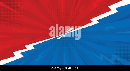 Versus comic frame. Comic book versus background, diagonal red blue split with white lightning divider. Pop art halftone backdrop with radial burst Stock Vector