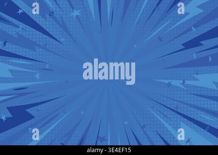Comic book explosion blue background with lightning and thunder flash. Pop art radial backdrop. Anime dynamic speed motion banner. Superhero template Stock Vector