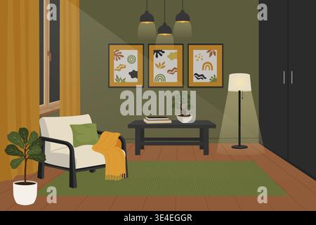 Cozy reading nook interior with armchair and floor lamp vector illustration. Stock Vector