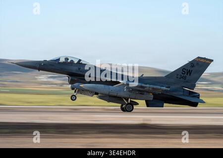 Undisclosed Location, United States. 23 March, 2026. A U.S. Air Force F-16C Fighting Falcon aircraft, assigned to the Shooters of the 55th Expeditionary Fighter Squadron, lands after returning from a mission in support of Operation Epic Fury, March 23, 2026 at an Undisclosed Location.  Credit: USAF/U.S. Air Force Photo/Alamy Live News Stock Photo