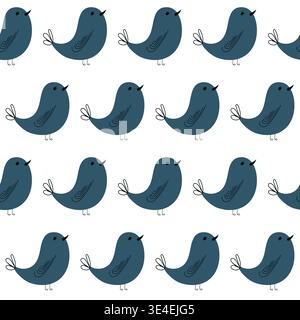 Seamless minimalist vector pattern of funny blue birds on white background Stock Vector