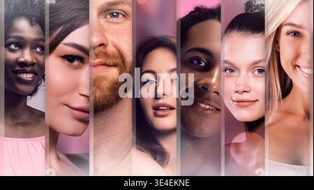 Collage of diverse people faces with different ethnicities and expressions in studio lighting. Stock Photo