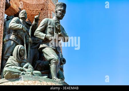 People gather around Republic Monument in Taksim Square, showcasing sculpted figures of historical significance in Istanbul, Turkey. Stock Photo