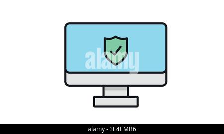 Desktop computer with green shield icon for antivirus protection, cyber security and data safety. Stock Vector