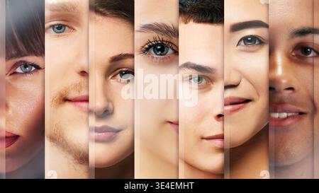 Diverse faces with focus on expressions and individuality in studio lighting close up composition. Stock Photo