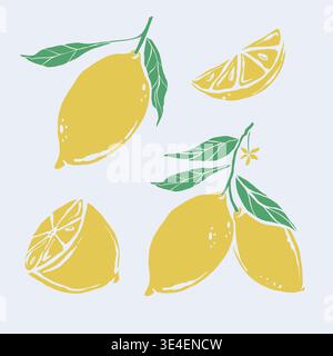Lemon illustration with whole and sliced lemons on light background Stock Vector