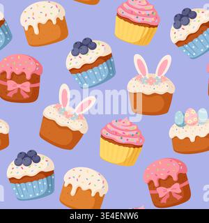Sweet blueberry cupcakes and pink muffins seamless pattern. Delicious holiday pastry repeating background on lilac Stock Vector