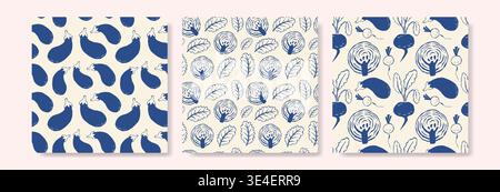 Set of seamless pattern with vegetable on cream background. Each tile features stylized, hand-drawn vegetable motifs. Perfect for kitchen textiles, pa Stock Vector