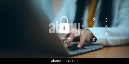 Cyber security and data privacy protection concept.Information technology safety and encrypted data access.Businesswoman entering password on laptop f Stock Photo