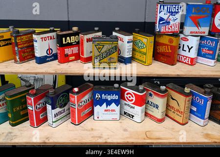 Display of Vintage or Collectable Engine Oil Cans, Engine Lubricant or Motor Oil Cans including Total Oil, Yacco and Igol Aviation Oil Stock Photo
