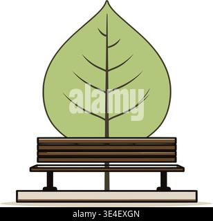 Resting Park Bench with Large Green Leaf for Eco Concept Stock Vector