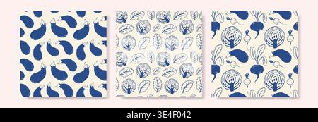 Set of seamless pattern with vegetable on cream background. Each tile features stylized, hand-drawn vegetable motifs. Perfect for kitchen textiles, pa Stock Vector