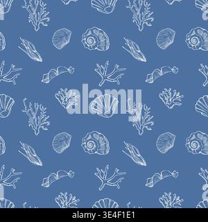 Seamless Sea life pattern with corals and seashells Stock Vector