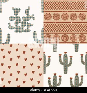 Seamless patchwork gingham pattern with kawaii cacti, hearts, and tribal ornament. Vector illustration Stock Vector