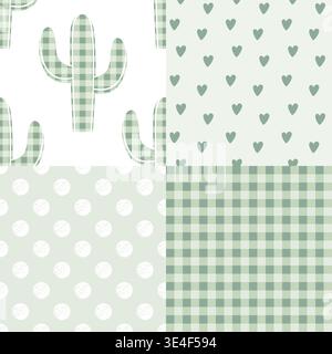 Seamless patchwork pattern with kawaii gingham cacti, hearts, and polka dot. Vector illustration. Stock Vector