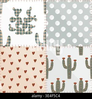 Seamless patchwork gingham pattern with kawaii cacti, hearts, polka dot, and stylized sews. Vector illustration. Stock Vector