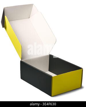 empty open black and yellow cardboard box isolated white background, smooth matte paper finish with white interior, mockup template with copy space Stock Photo