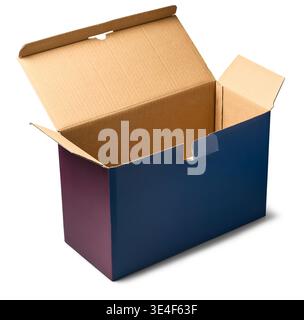 empty open dark blue cardboard box isolated white background, brown interior with matte finish, mockup template with copy space Stock Photo