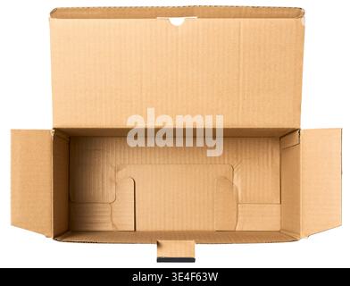 empty open rectangular cardboard box isolated white background, corrugated brown paper material with flaps spread out, mockup template top view Stock Photo