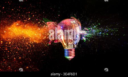 real Light bulb exploding into colorful glass fragments Stock Photo