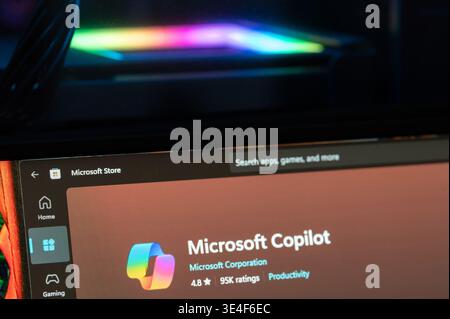 New York, USA - March 3, 2026: Copilot app in Microsoft store menu close up macro view on computer screen Stock Photo