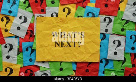The question What is next on crumpled yellow note surrounded by colorful crumpled notes with question marks on them. Close up. Stock Photo