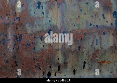 Weathered and Rusted Metal Surface with Black Paint Splatters and Corrosion Stock Photo