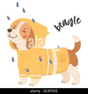 Beagle dog wearing yellow raincoat with hood in cute rainy weather fashion illustration Stock Vector