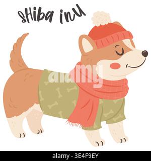 Cute shiba inu dog wearing red winter hat and green sweater in stylish fashion outfit illustration. Stock Vector