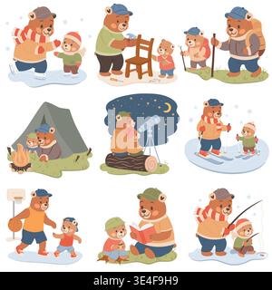 Cute illustrations set for Fathers Day Holiday. Father and son spending time together. Stock Vector
