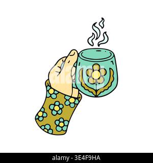 Hand drawn hygge doodle hand holding coffee cup or tea mug icon vector illustration. Cozy hot beverage break clipart Stock Vector