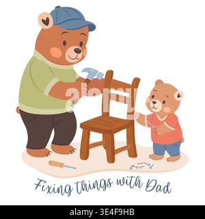 Papa bear fixing things with son. Cute illustration for Fathers Day Holiday Stock Vector