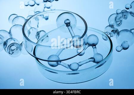 Abstract cosmetic lab. Scientific research concept with molecules and petri dish Stock Photo