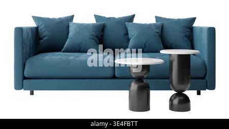 The furniture shows a modern couch with cushions and two unique side tables in a realistic 3D render. This display is ideal for design ideas in home o Stock Photo