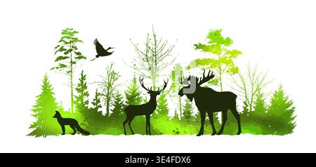 Animals in the green forest abstract. Hand drawn. Not AI, vector illustration. Stock Vector