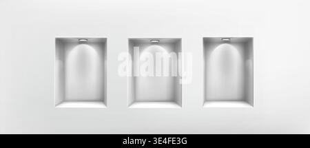Empty white wall niches with led spotlights and shadow depth in 3d room interior. Blank shelf boxes illuminated by ceiling light for museum gallery exhibition or retail product display frame mockup. Stock Vector