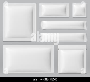Sachet mockup set with blank white foil pouches in various sizes on gray background. Realistic 3D package templates for cosmetic masks, food products, powder and stick packs with sealed edges. Stock Vector