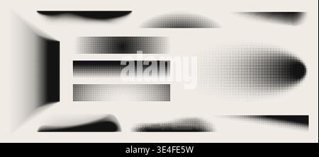 Abstract halftone shapes set isolated on background. Vector illustration of gradient dot frames with shadow effect, grainy noise texture, faded black stipple pattern, geometric dotwork elements Stock Vector