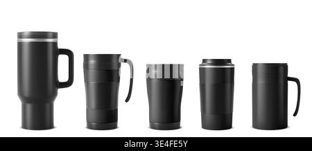 Tumbler cup mockup set isolated on white background. Vector realistic illustration of black thermo mugs for hot and cold drinks, stainless steel container with handle, lid and blank space for branding Stock Vector